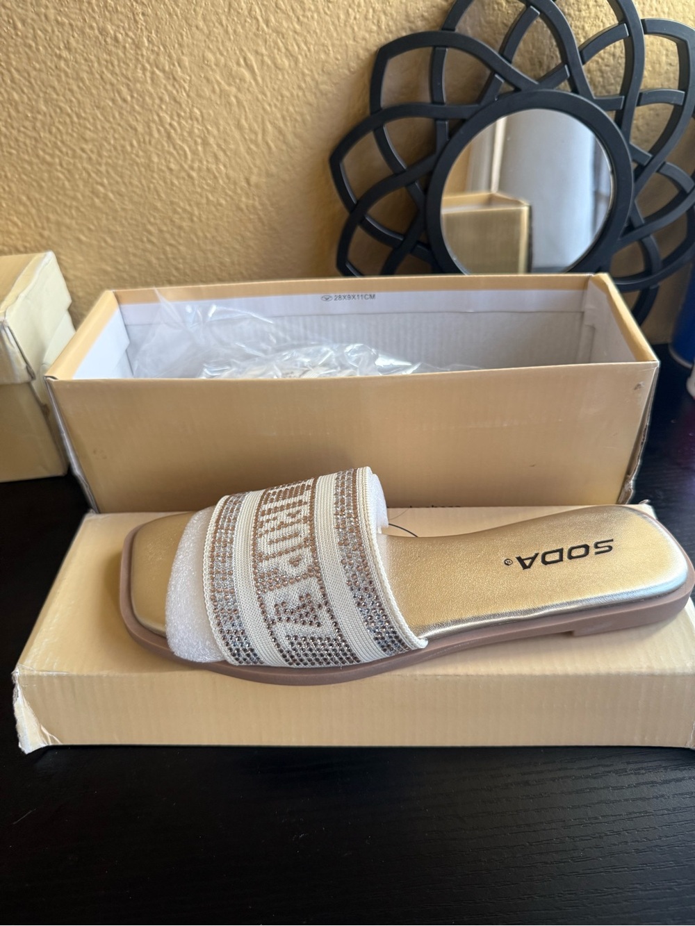 Soda Beige and Gold Beaded Slide Sandals